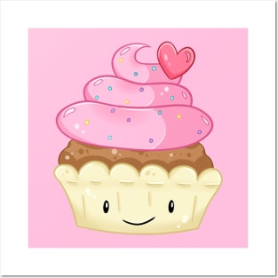 Happy Cupcake Pink Heart Smiley Face Posters and Art